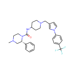 CN1CCN(C(=O)NC2CCN(Cc3ccn(-c4ccc(C(F)(F)F)cc4)c3)CC2)[C@H](c2ccccc2)C1 ZINC000043065905