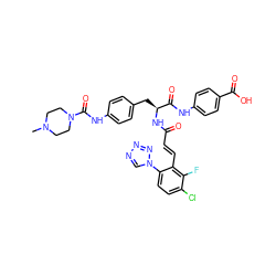 CN1CCN(C(=O)Nc2ccc(C[C@H](NC(=O)/C=C/c3c(-n4cnnn4)ccc(Cl)c3F)C(=O)Nc3ccc(C(=O)O)cc3)cc2)CC1 ZINC000653705301