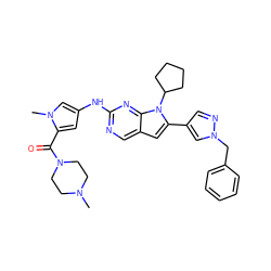 CN1CCN(C(=O)c2cc(Nc3ncc4cc(-c5cnn(Cc6ccccc6)c5)n(C5CCCC5)c4n3)cn2C)CC1 ZINC000084671004