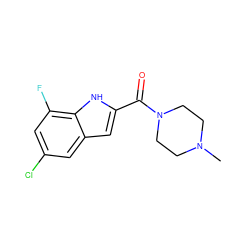 CN1CCN(C(=O)c2cc3cc(Cl)cc(F)c3[nH]2)CC1 ZINC000084671023