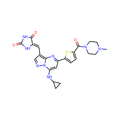 CN1CCN(C(=O)c2ccc(-c3cc(NC4CC4)n4ncc(/C=C5\NC(=O)NC5=O)c4n3)s2)CC1 ZINC000167406049