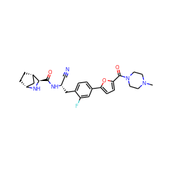 CN1CCN(C(=O)c2ccc(-c3ccc(C[C@@H](C#N)NC(=O)[C@H]4N[C@@H]5CC[C@H]4C5)c(F)c3)o2)CC1 ZINC000220835615