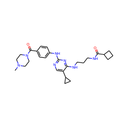 CN1CCN(C(=O)c2ccc(Nc3ncc(C4CC4)c(NCCCNC(=O)C4CCC4)n3)cc2)CC1 ZINC000095560277