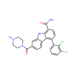 CN1CCN(C(=O)c2ccc3c(c2)[nH]c2c(C(N)=O)ccc(-c4cccc(Cl)c4Cl)c23)CC1 ZINC000473126401