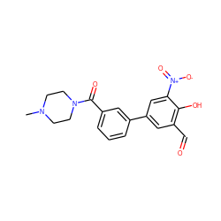 CN1CCN(C(=O)c2cccc(-c3cc(C=O)c(O)c([N+](=O)[O-])c3)c2)CC1 ZINC000169699674