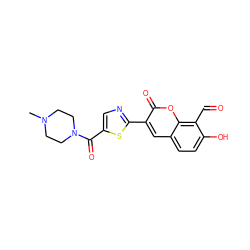 CN1CCN(C(=O)c2cnc(-c3cc4ccc(O)c(C=O)c4oc3=O)s2)CC1 ZINC000261110733