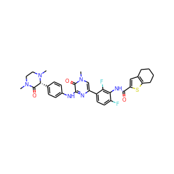 CN1CCN(C)[C@H](c2ccc(Nc3nc(-c4ccc(F)c(NC(=O)c5cc6c(s5)CCCC6)c4F)cn(C)c3=O)cc2)C1=O ZINC000059185971