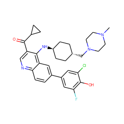 CN1CCN(C[C@H]2CC[C@H](Nc3c(C(=O)C4CC4)cnc4ccc(-c5cc(F)c(O)c(Cl)c5)cc34)CC2)CC1 ZINC000473159271