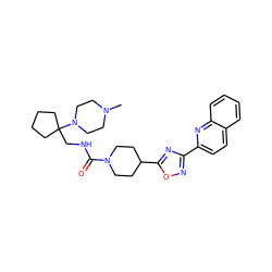 CN1CCN(C2(CNC(=O)N3CCC(c4nc(-c5ccc6ccccc6n5)no4)CC3)CCCC2)CC1 ZINC000072179682