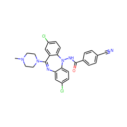 CN1CCN(C2=Nc3cc(Cl)ccc3N(NC(=O)c3ccc(C#N)cc3)c3ccc(Cl)cc32)CC1 ZINC000036089442