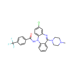 CN1CCN(C2=Nc3cc(Cl)ccc3N(NC(=O)c3ccc(C(F)(F)F)cc3)c3ccccc32)CC1 ZINC000036188216