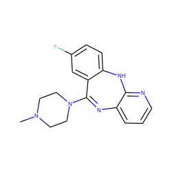 CN1CCN(C2=Nc3cccnc3Nc3ccc(F)cc32)CC1 ZINC000013832138