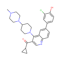 CN1CCN(C2CCN(c3c(C(=O)C4CC4)cnc4ccc(-c5ccc(O)c(Cl)c5)cc34)CC2)CC1 ZINC000114038691