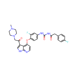 CN1CCN(CC(=O)c2c[nH]c3nccc(Oc4ccc(NC(=O)NC(=O)Cc5ccc(F)cc5)cc4F)c23)CC1 ZINC000042808965