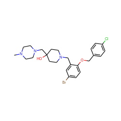 CN1CCN(CC2(O)CCN(Cc3cc(Br)ccc3OCc3ccc(Cl)cc3)CC2)CC1 ZINC000028822128