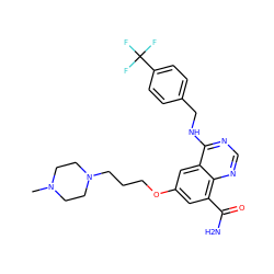 CN1CCN(CCCOc2cc(C(N)=O)c3ncnc(NCc4ccc(C(F)(F)F)cc4)c3c2)CC1 ZINC000114346435