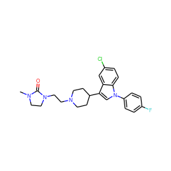 CN1CCN(CCN2CCC(c3cn(-c4ccc(F)cc4)c4ccc(Cl)cc34)CC2)C1=O ZINC000013452509