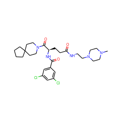 CN1CCN(CCNC(=O)CC[C@@H](NC(=O)c2cc(Cl)cc(Cl)c2)C(=O)N2CCC3(CCCC3)CC2)CC1 ZINC000027988583