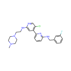 CN1CCN(CCNc2cc(-c3cccc(NCc4cccc(F)c4)n3)c(Cl)cn2)CC1 ZINC000169703766