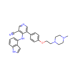 CN1CCN(CCOc2ccc(-c3cncc(C#N)c3Nc3cccc4[nH]ccc34)cc2)CC1 ZINC000040956499