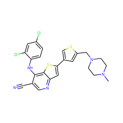 CN1CCN(Cc2cc(-c3cc4ncc(C#N)c(Nc5ccc(Cl)cc5Cl)c4s3)cs2)CC1 ZINC000022933673