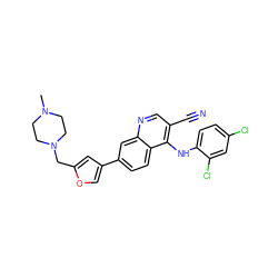 CN1CCN(Cc2cc(-c3ccc4c(Nc5ccc(Cl)cc5Cl)c(C#N)cnc4c3)co2)CC1 ZINC000023358258