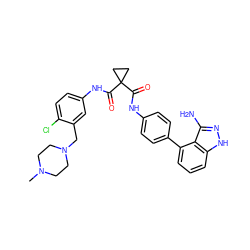 CN1CCN(Cc2cc(NC(=O)C3(C(=O)Nc4ccc(-c5cccc6[nH]nc(N)c56)cc4)CC3)ccc2Cl)CC1 ZINC000299871162