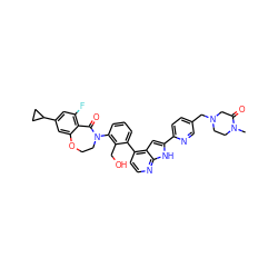 CN1CCN(Cc2ccc(-c3cc4c(-c5cccc(N6CCOc7cc(C8CC8)cc(F)c7C6=O)c5CO)ccnc4[nH]3)nc2)CC1=O ZINC001772638995