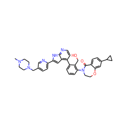 CN1CCN(Cc2ccc(-c3cc4c(-c5cccc(N6CCOc7cc(C8CC8)ccc7C6=O)c5CO)ccnc4[nH]3)nc2)CC1 ZINC000224782221