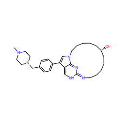 CN1CCN(Cc2ccc(-c3cn4c5c3=CNC(=NCCCCC[C@@H](O)CCCCC4)N=5)cc2)CC1 ZINC001772622940