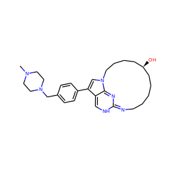 CN1CCN(Cc2ccc(-c3cn4c5c3=CNC(=NCCCCC[C@H](O)CCCC4)N=5)cc2)CC1 ZINC001772624451