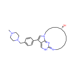 CN1CCN(Cc2ccc(-c3cn4c5c3=CNC(=NCCCCCC[C@@H](O)CCCC4)N=5)cc2)CC1 ZINC001772654808