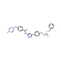 CN1CCN(Cc2ccc(C(=O)Nc3cc(-c4ccc(CNC(=O)OCc5ccccc5)cc4)n[nH]3)cc2)CC1 ZINC000084653535