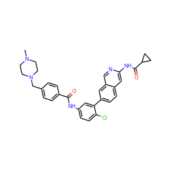 CN1CCN(Cc2ccc(C(=O)Nc3ccc(Cl)c(-c4ccc5cc(NC(=O)C6CC6)ncc5c4)c3)cc2)CC1 ZINC000144381398