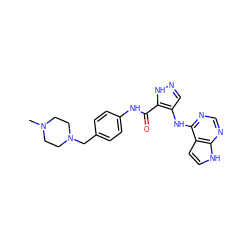 CN1CCN(Cc2ccc(NC(=O)c3[nH]ncc3Nc3ncnc4[nH]ccc34)cc2)CC1 ZINC000205800206