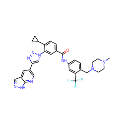 CN1CCN(Cc2ccc(NC(=O)c3ccc(C4CC4)c(-n4cc(-c5cnc6[nH]ncc6c5)nn4)c3)cc2C(F)(F)F)CC1 ZINC000095575873