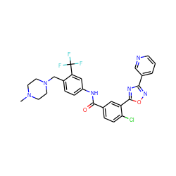 CN1CCN(Cc2ccc(NC(=O)c3ccc(Cl)c(-c4nc(-c5cccnc5)no4)c3)cc2C(F)(F)F)CC1 ZINC001772604990