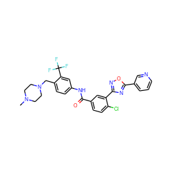 CN1CCN(Cc2ccc(NC(=O)c3ccc(Cl)c(-c4noc(-c5cccnc5)n4)c3)cc2C(F)(F)F)CC1 ZINC001772619341