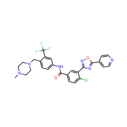 CN1CCN(Cc2ccc(NC(=O)c3ccc(Cl)c(-c4noc(-c5ccncc5)n4)c3)cc2C(F)(F)F)CC1 ZINC001772592243