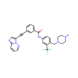 CN1CCN(Cc2ccc(NC(=O)c3cccc(C#Cc4cnc5cccnn45)c3)cc2C(F)(F)F)CC1 ZINC000053312472