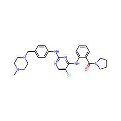 CN1CCN(Cc2ccc(Nc3ncc(Cl)c(Nc4ccccc4C(=O)N4CCCC4)n3)cc2)CC1 ZINC000084619385