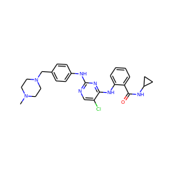 CN1CCN(Cc2ccc(Nc3ncc(Cl)c(Nc4ccccc4C(=O)NC4CC4)n3)cc2)CC1 ZINC000084619388