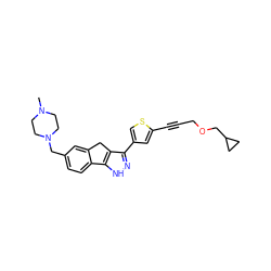 CN1CCN(Cc2ccc3c(c2)Cc2c(-c4csc(C#CCOCC5CC5)c4)n[nH]c2-3)CC1 ZINC000063298402