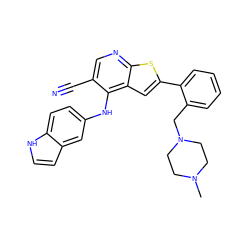 CN1CCN(Cc2ccccc2-c2cc3c(Nc4ccc5[nH]ccc5c4)c(C#N)cnc3s2)CC1 ZINC000029046443