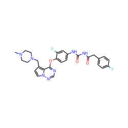 CN1CCN(Cc2ccn3ncnc(Oc4ccc(NC(=O)NC(=O)Cc5ccc(F)cc5)cc4F)c23)CC1 ZINC000029040618