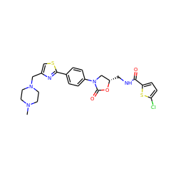 CN1CCN(Cc2csc(-c3ccc(N4C[C@H](CNC(=O)c5ccc(Cl)s5)OC4=O)cc3)n2)CC1 ZINC000299863454