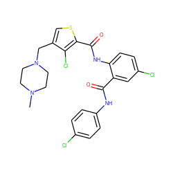 CN1CCN(Cc2csc(C(=O)Nc3ccc(Cl)cc3C(=O)Nc3ccc(Cl)cc3)c2Cl)CC1 ZINC000021289563