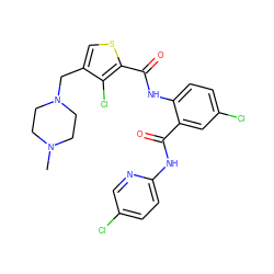 CN1CCN(Cc2csc(C(=O)Nc3ccc(Cl)cc3C(=O)Nc3ccc(Cl)cn3)c2Cl)CC1 ZINC000023359229