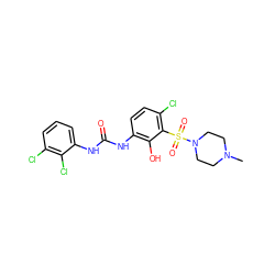 CN1CCN(S(=O)(=O)c2c(Cl)ccc(NC(=O)Nc3cccc(Cl)c3Cl)c2O)CC1 ZINC000653866584