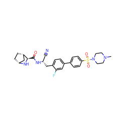 CN1CCN(S(=O)(=O)c2ccc(-c3ccc(C[C@@H](C#N)NC(=O)[C@H]4N[C@@H]5CC[C@H]4C5)c(F)c3)cc2)CC1 ZINC000219316637